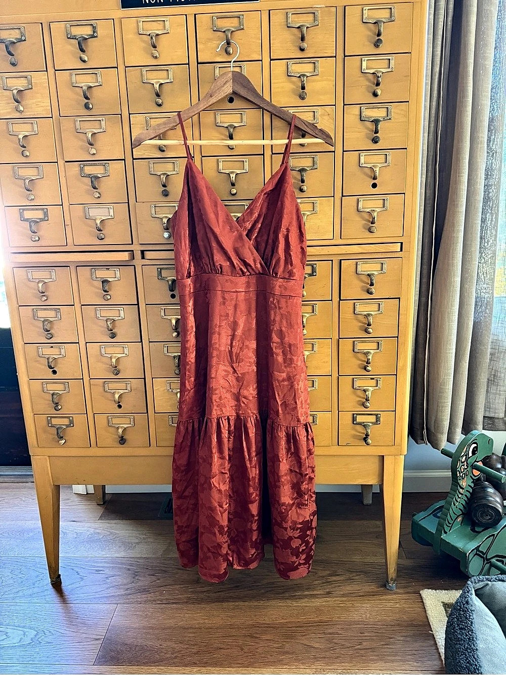 Lulus Be Your Favorite Rust Orange Satin Jacquard Midi Dress Size Small